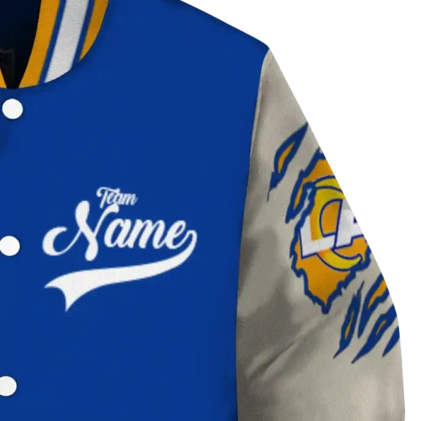customized los angeles rams razorback outline blue nude varsity jacket premium grade