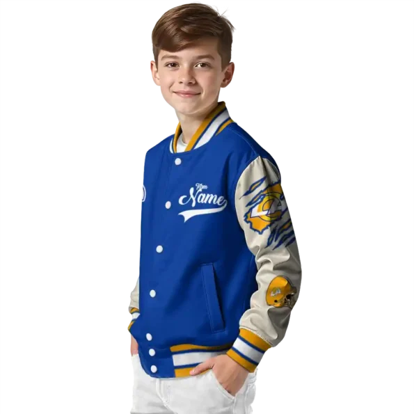 customized los angeles rams razorback outline blue nude varsity jacket trendy