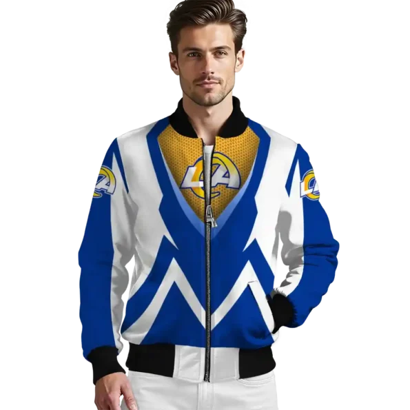 customized los angeles rams v stripes blue white bomber jacket high quality
