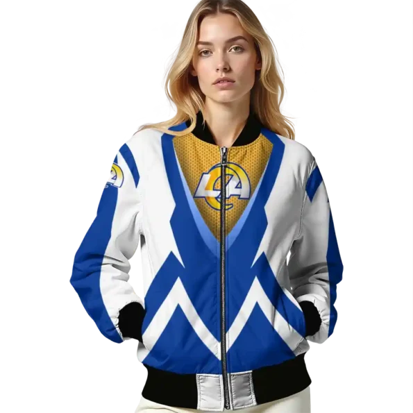 customized los angeles rams v stripes blue white bomber jacket latest model