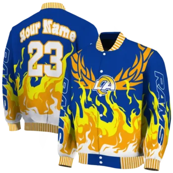 customized los angeles rams winged blaze blue white varsity jacket fashion forward