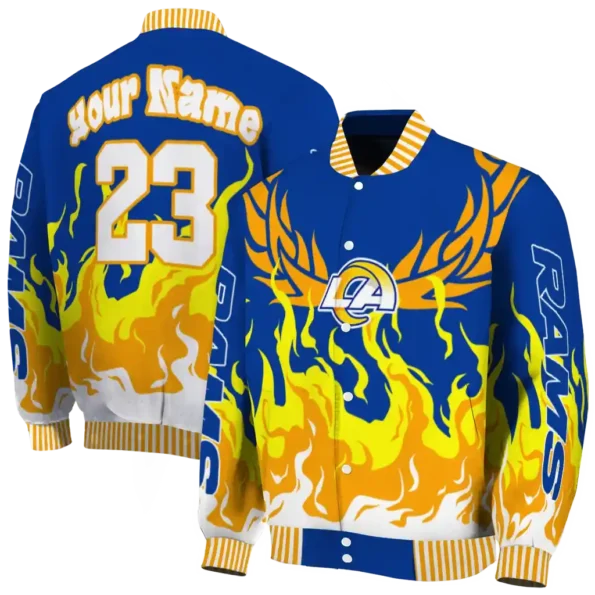 customized los angeles rams winged blaze blue white varsity jacket fashion forward