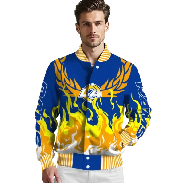 customized los angeles rams winged blaze blue white varsity jacket high quality