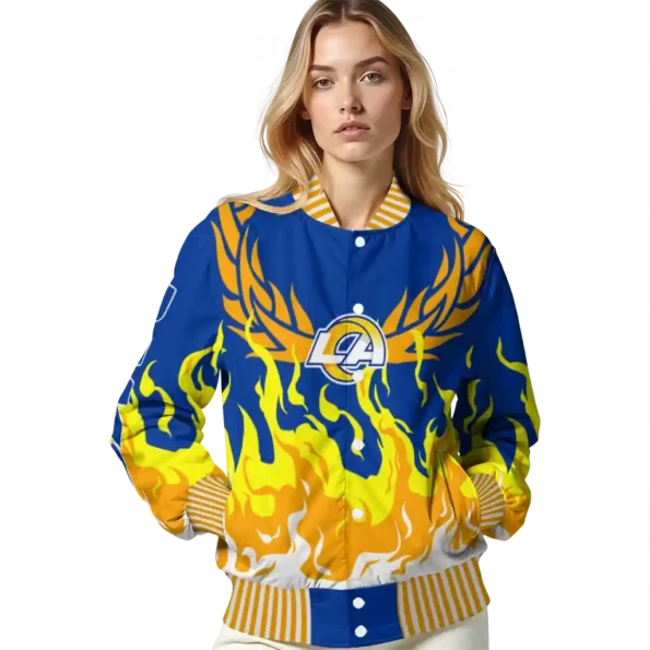 customized los angeles rams winged blaze blue white varsity jacket latest model