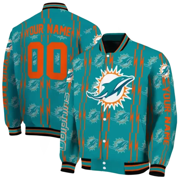 customized miami dolphins bolt stripe aqua varsity jacket fashion forward