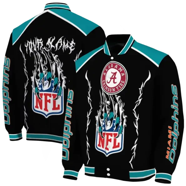 customized miami dolphins claw blood aqua black varsity jacket fashion forward
