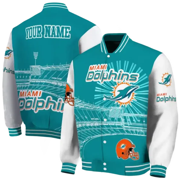 customized miami dolphins ferris arena aqua white varsity jacket fashion forward