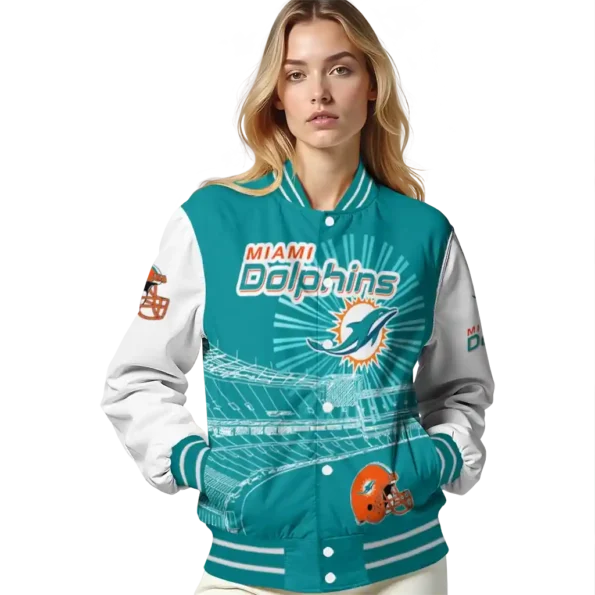customized miami dolphins ferris arena aqua white varsity jacket latest model