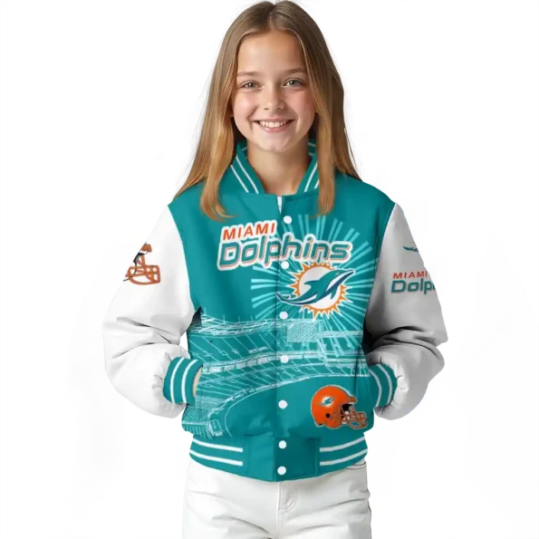 customized miami dolphins ferris arena aqua white varsity jacket top rated