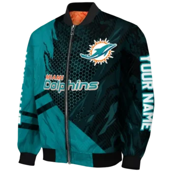 customized miami dolphins hexagon mesh aqua black bomber jacket best selling