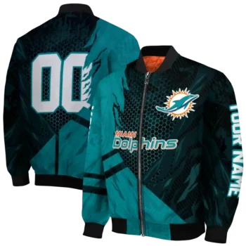 customized miami dolphins hexagon mesh aqua black bomber jacket fashion forward