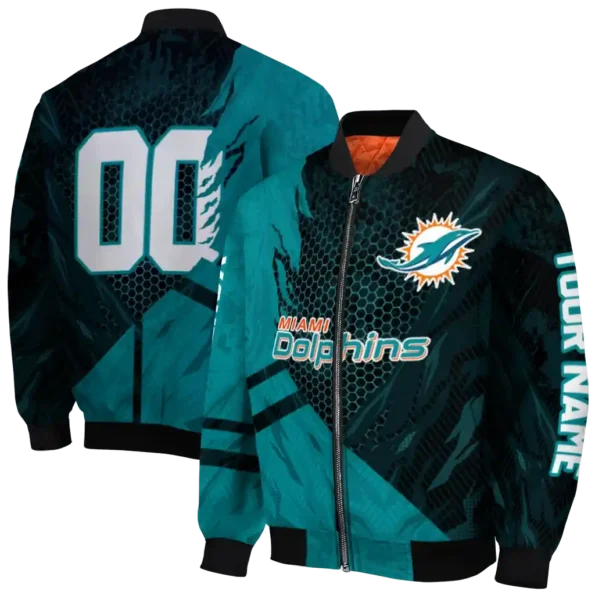 customized miami dolphins hexagon mesh aqua black bomber jacket fashion forward