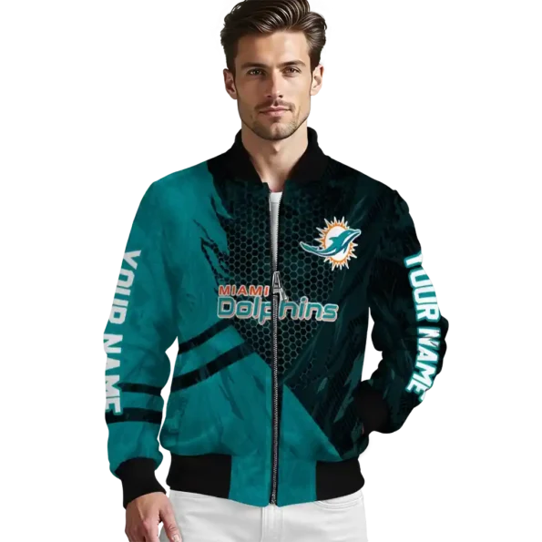 customized miami dolphins hexagon mesh aqua black bomber jacket high quality