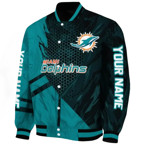 customized miami dolphins hexagon mesh aqua black varsity jacket best selling
