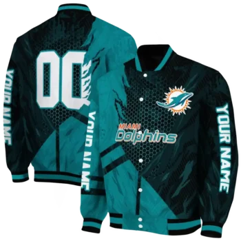 customized miami dolphins hexagon mesh aqua black varsity jacket fashion forward