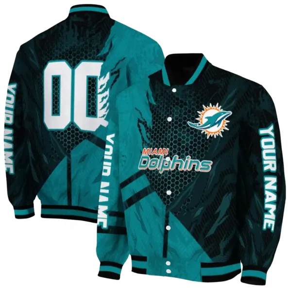 customized miami dolphins hexagon mesh aqua black varsity jacket fashion forward