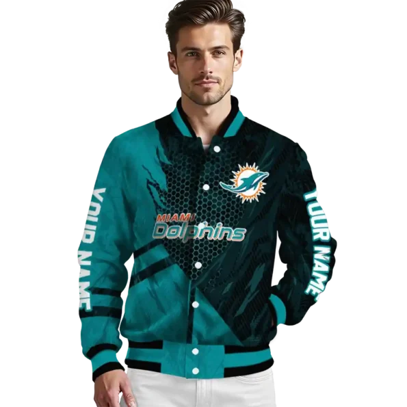 customized miami dolphins hexagon mesh aqua black varsity jacket high quality