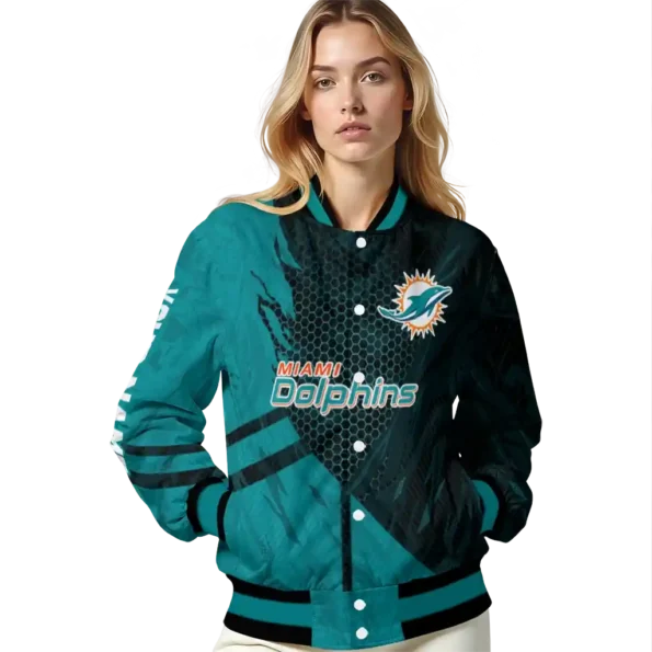 customized miami dolphins hexagon mesh aqua black varsity jacket latest model
