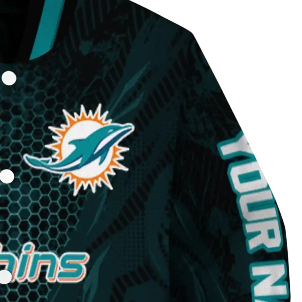 customized miami dolphins hexagon mesh aqua black varsity jacket premium grade
