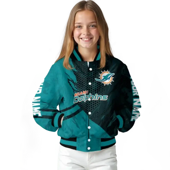 customized miami dolphins hexagon mesh aqua black varsity jacket top rated