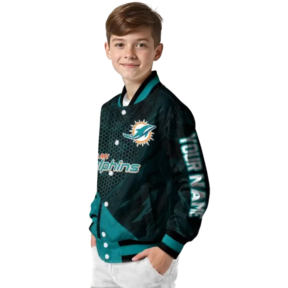 customized miami dolphins hexagon mesh aqua black varsity jacket trendy
