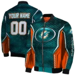 customized miami dolphins power plate aqua bomber jacket best selling