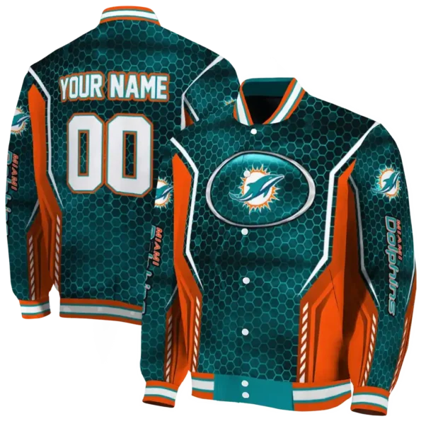 customized miami dolphins power plate aqua varsity jacket fashion forward