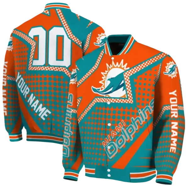 customized miami dolphins star burst aqua varsity jacket fashion forward