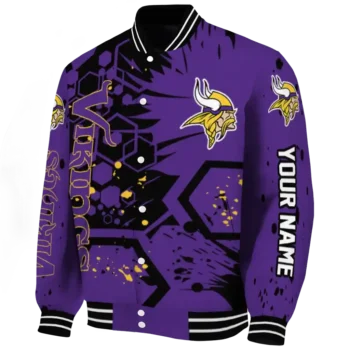 customized minnesota vikings hexagon cluster purple black varsity jacket best selling