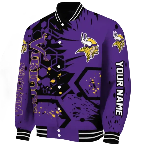 customized minnesota vikings hexagon cluster purple black varsity jacket best selling