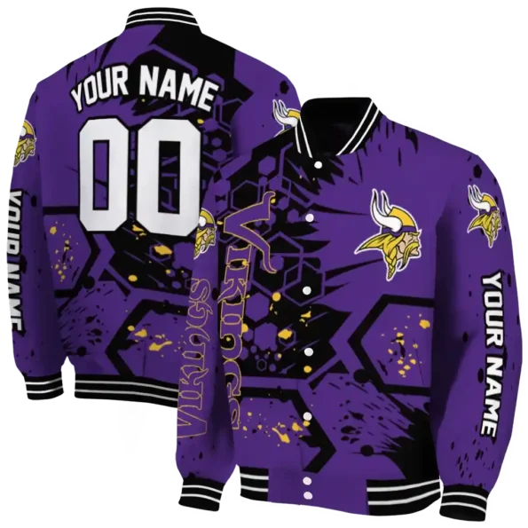 customized minnesota vikings hexagon cluster purple black varsity jacket fashion forward