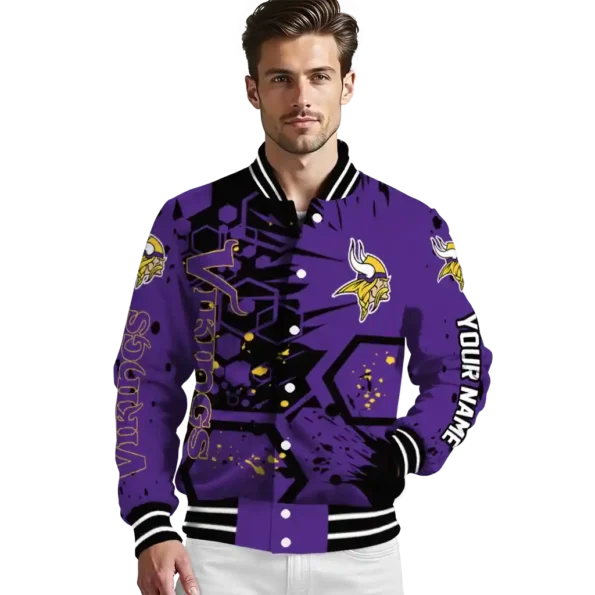 customized minnesota vikings hexagon cluster purple black varsity jacket high quality