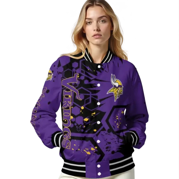 customized minnesota vikings hexagon cluster purple black varsity jacket latest model
