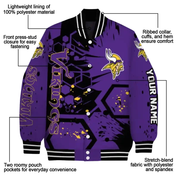 customized minnesota vikings hexagon cluster purple black varsity jacket new arrival