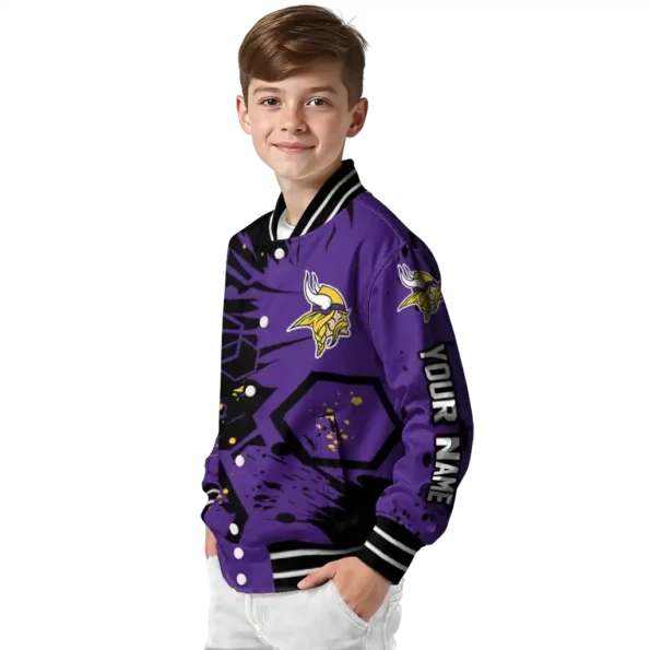 customized minnesota vikings hexagon cluster purple black varsity jacket trendy