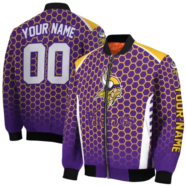 customized minnesota vikings hexagon grid purple bomber jacket fashion forward