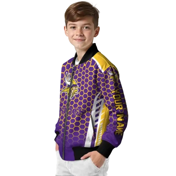 customized minnesota vikings hexagon grid purple bomber jacket trendy