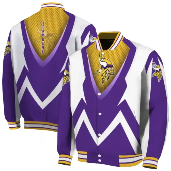 customized minnesota vikings v stripes purple white varsity jacket fashion forward