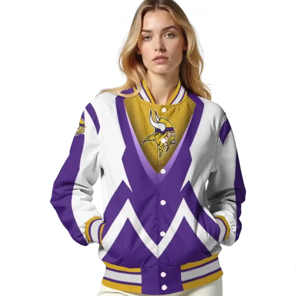 customized minnesota vikings v stripes purple white varsity jacket latest model