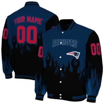 customized new england patriots flame border blue black varsity jacket fashion forward