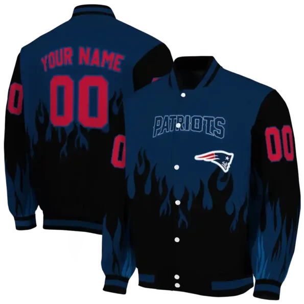 customized new england patriots flame border blue black varsity jacket fashion forward