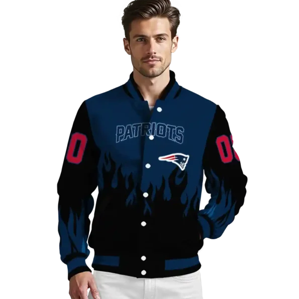 customized new england patriots flame border blue black varsity jacket high quality