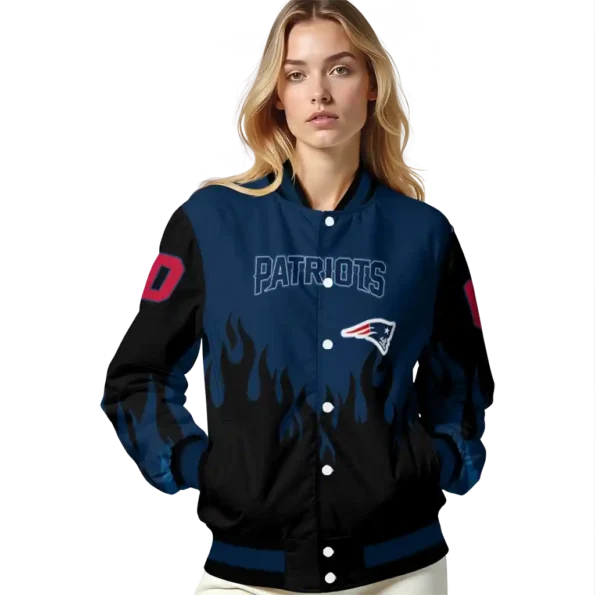 customized new england patriots flame border blue black varsity jacket latest model