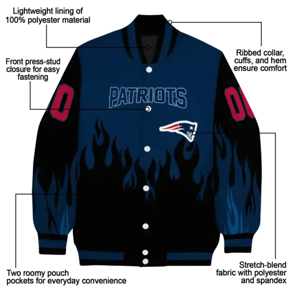 customized new england patriots flame border blue black varsity jacket new arrival