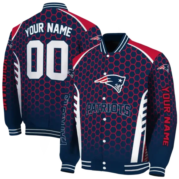 customized new england patriots hexagon grid blue varsity jacket fashion forward