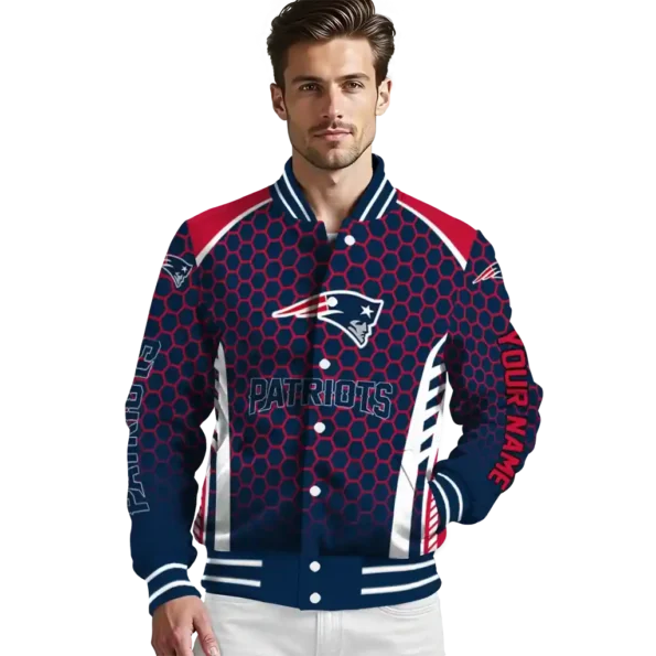 customized new england patriots hexagon grid blue varsity jacket high quality