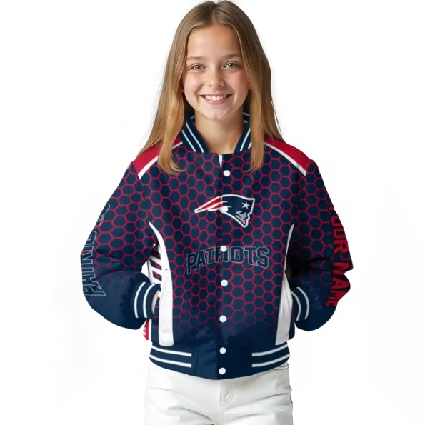 customized new england patriots hexagon grid blue varsity jacket top rated