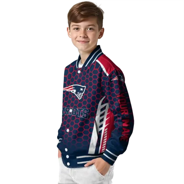 customized new england patriots hexagon grid blue varsity jacket trendy