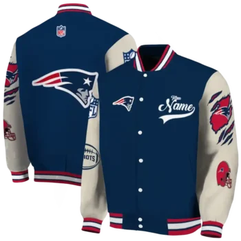 customized new england patriots razorback outline blue nude varsity jacket fashion forward