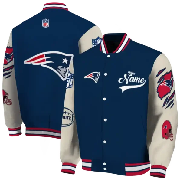 customized new england patriots razorback outline blue nude varsity jacket fashion forward